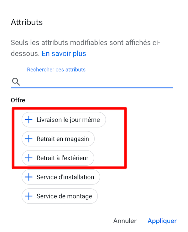 Attributs Livraison, vente à emporter retrait en magasin Google my Business