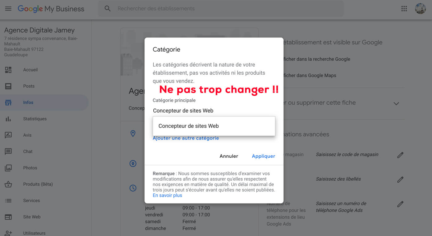 changer les informations Google my business
