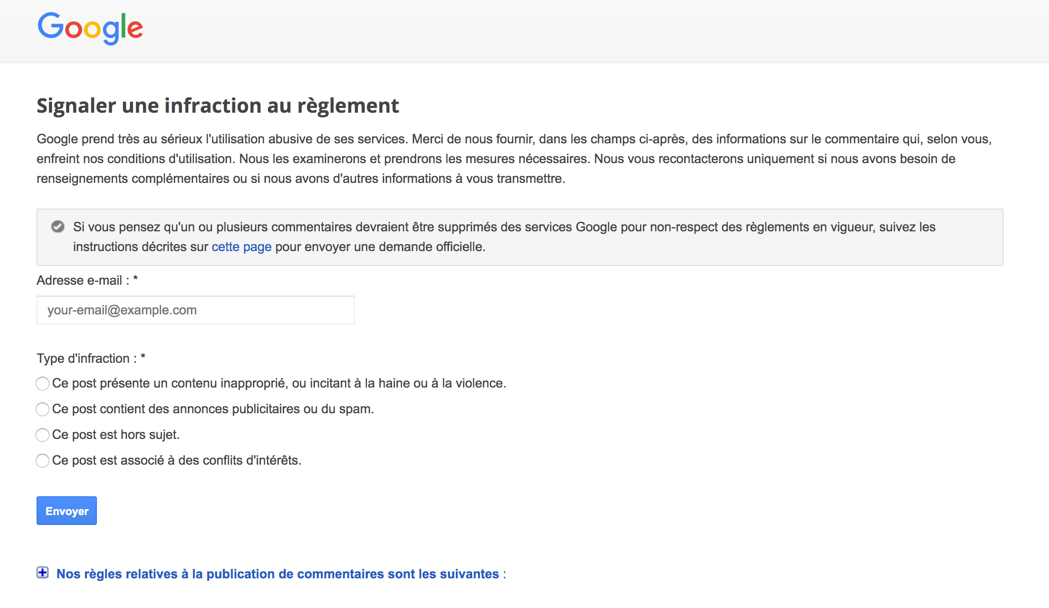 formulaire google avis infraction