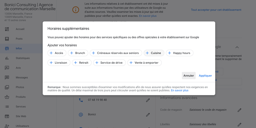 horaires spécifiques