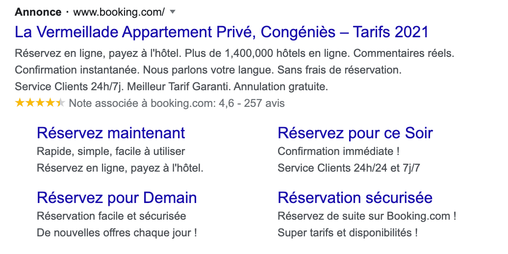 exemple google ads hotel