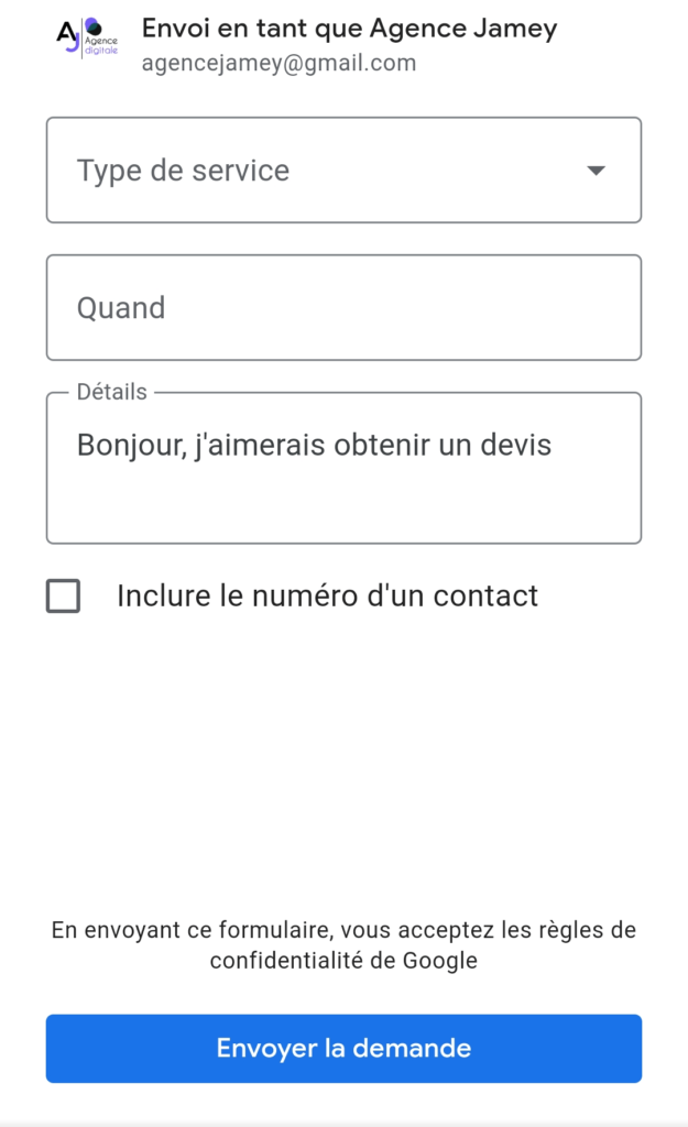 Demande de devis sur Google message