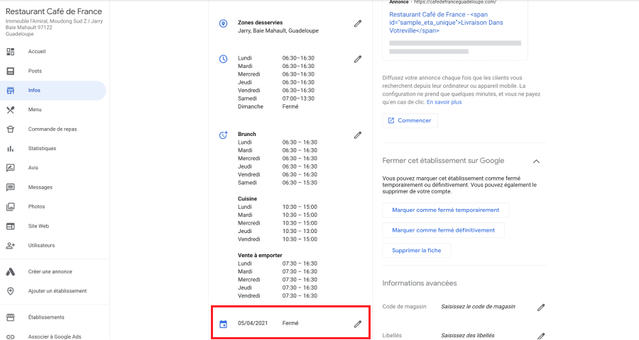 horaires exceptionnels google