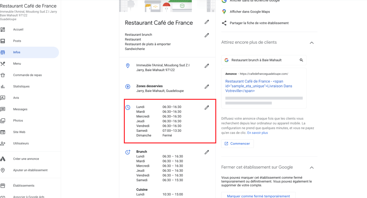 Horaires Google My BUsiness